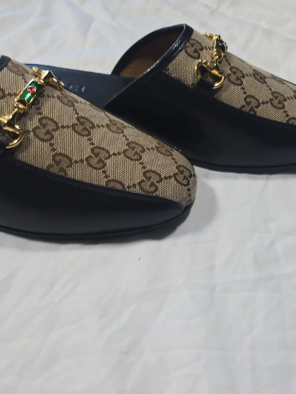 Gucci Brown & Black GG Canvas Slip-On Mules with Gold Horsebit